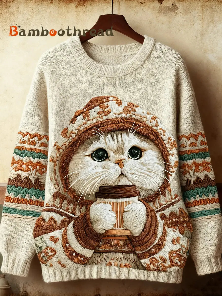 Women’s Cute Winter Cat Art Sweatshirt As picture / S