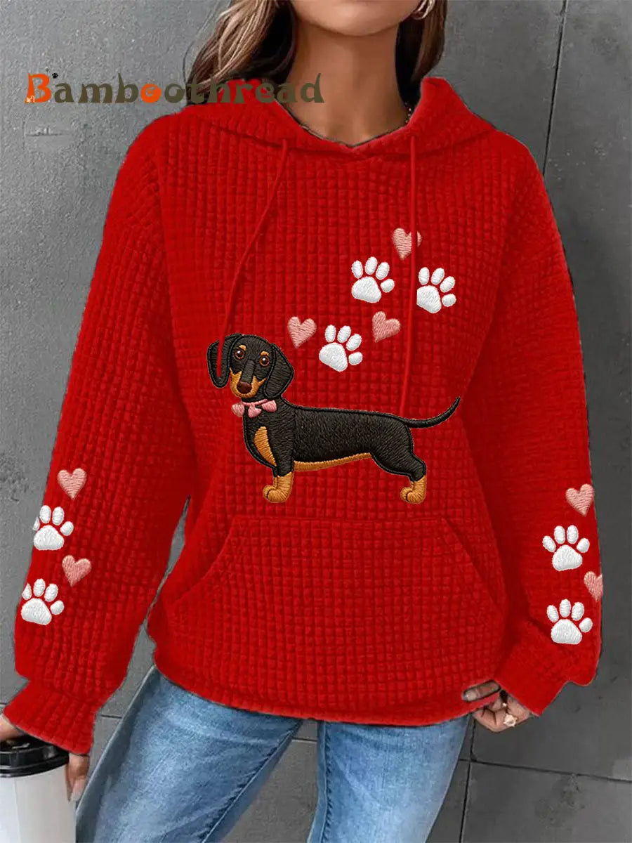 Women’s Dachshund Love Heart Print Dog Lovers Casual Waffle Hoodie Red / S