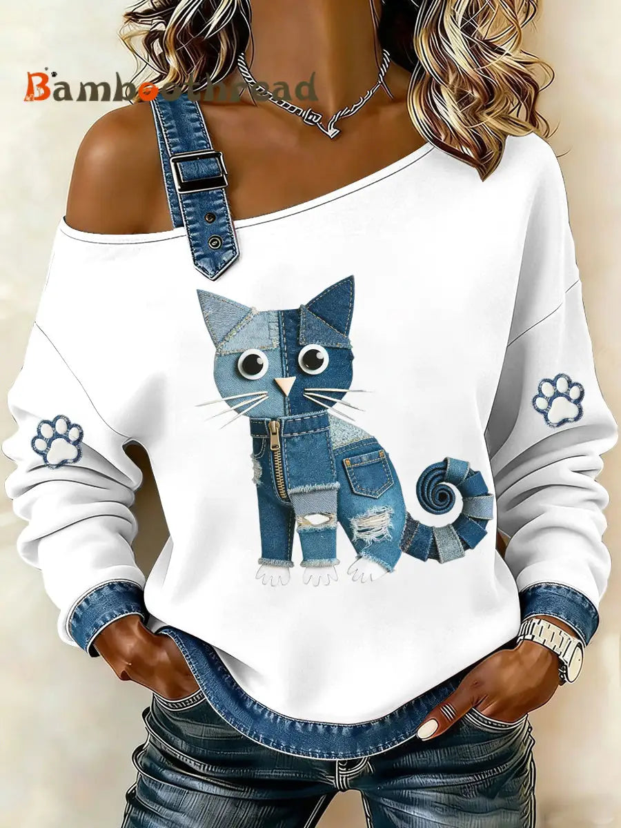 Women’s Denim Cat Printed Single Shoulder Sweatshirt White / S