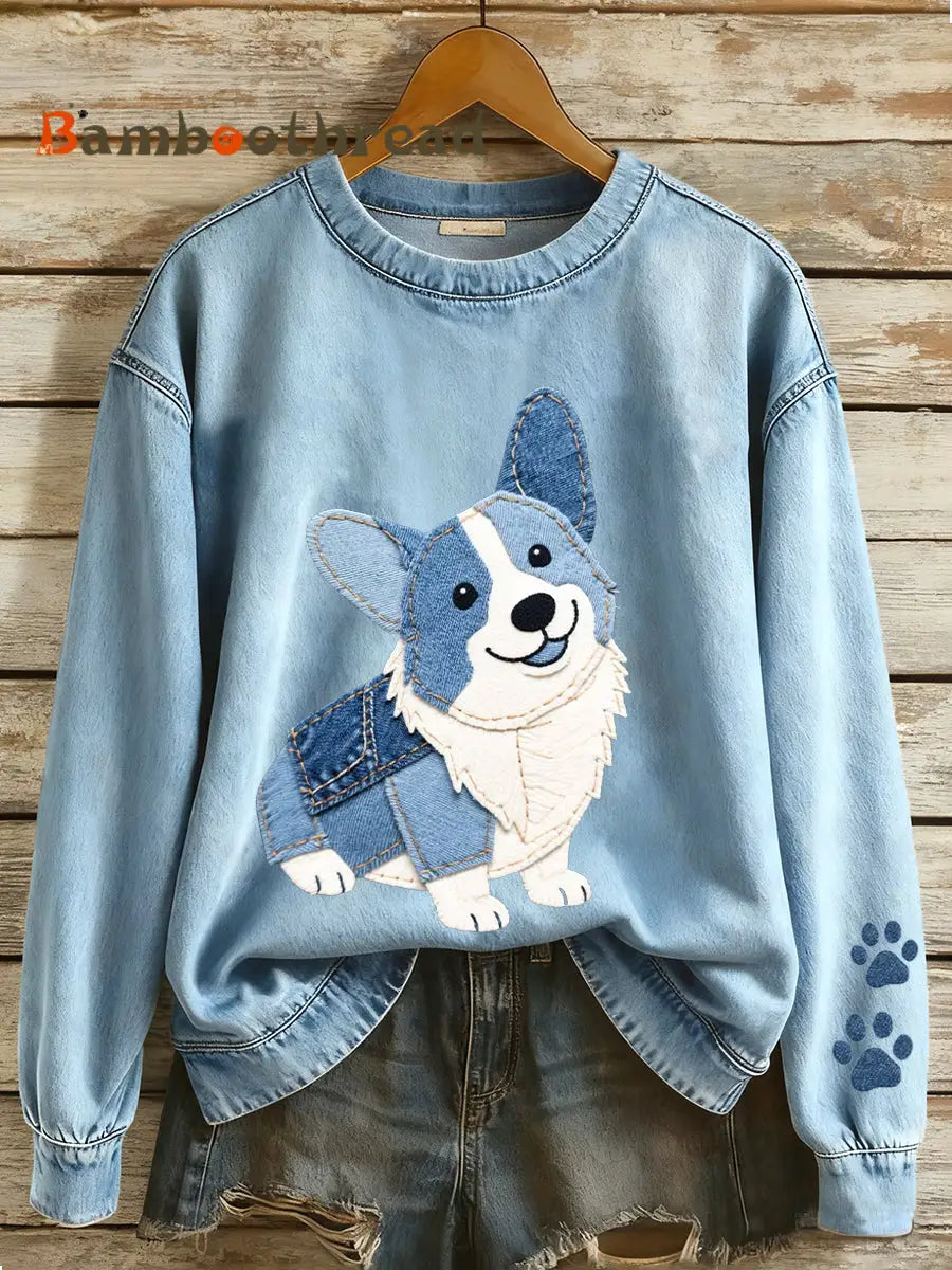 Women’s Denim Patchwork Art Corgi Pattern Sweatshirt Blue / S