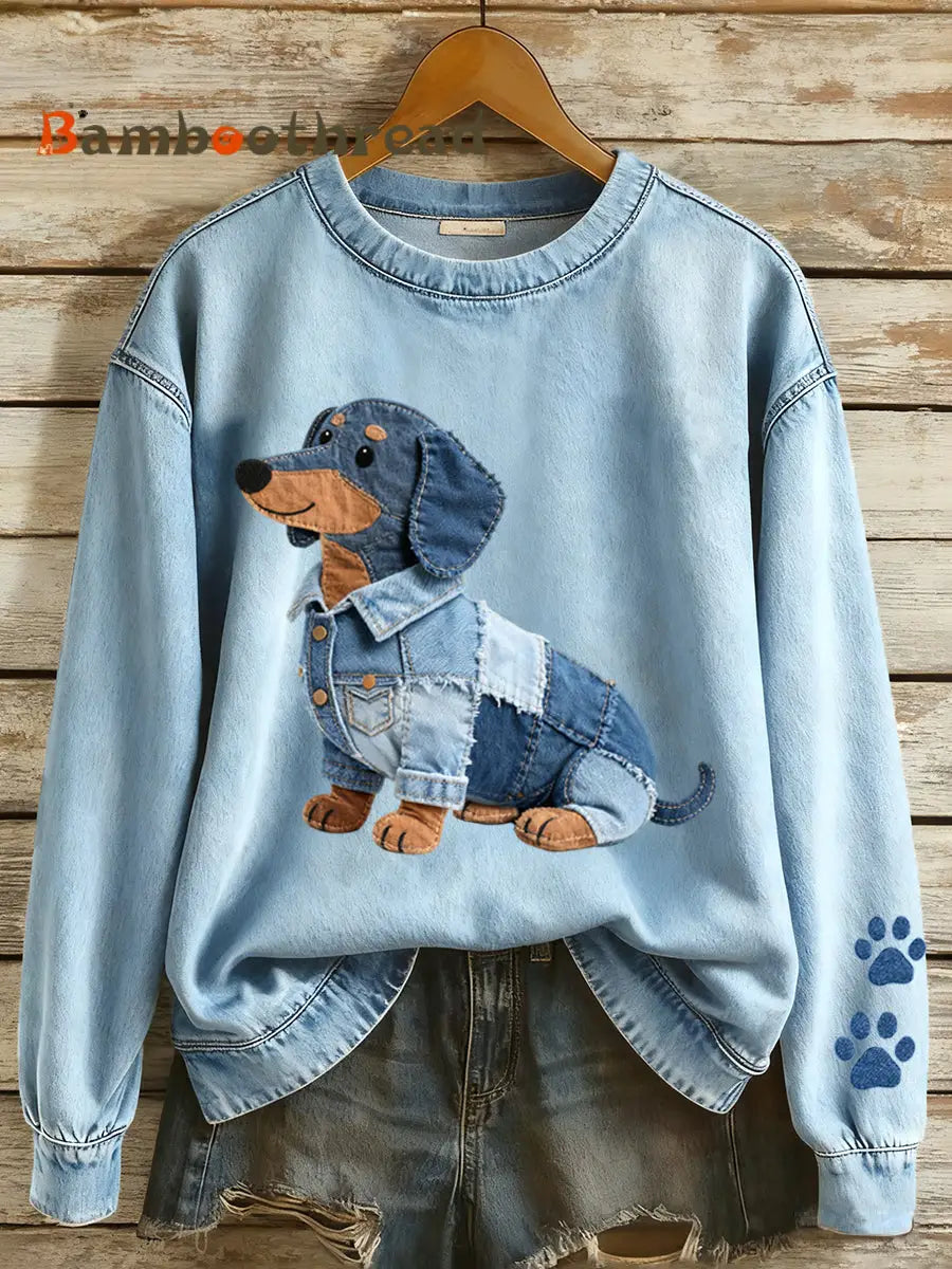 Women’s Denim Patchwork Art Dachshund Dog Pattern Sweatshirt Blue / S