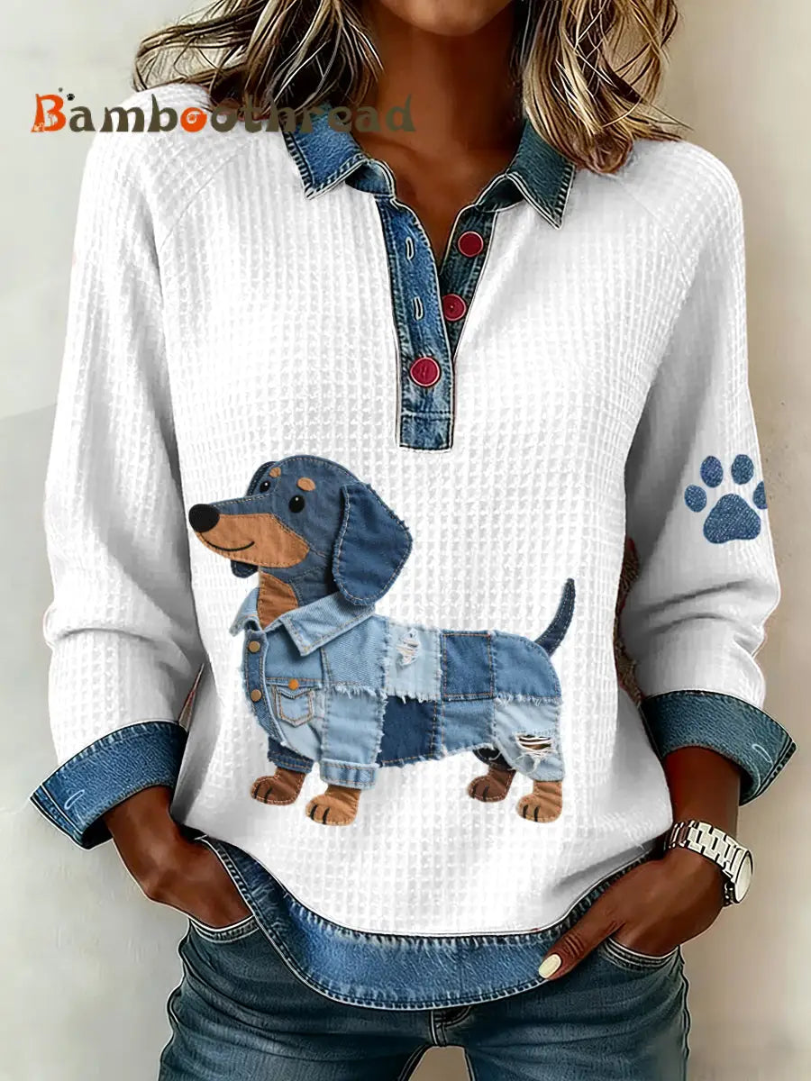 Women’s Denim Patchwork Art Dachshund Dog Pattern Waffle Top White / S