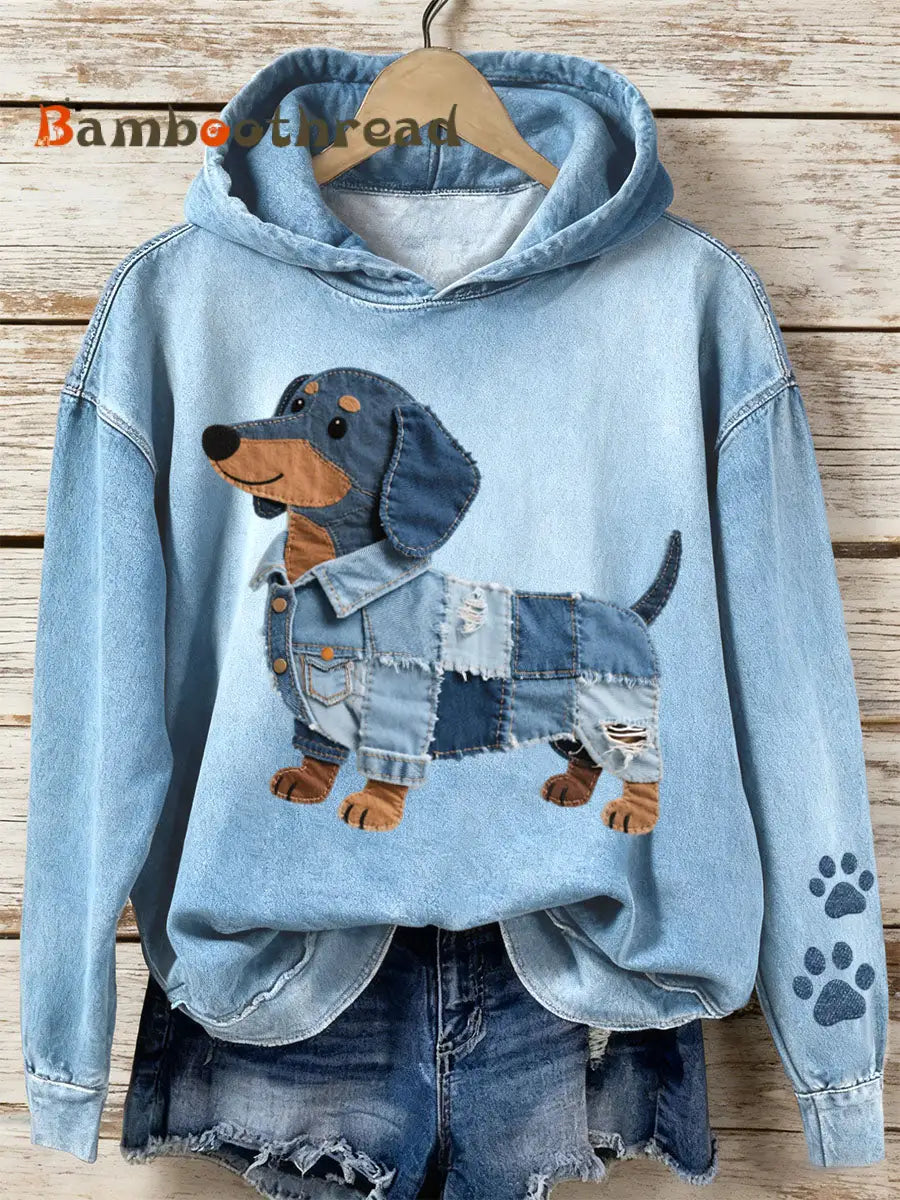 Women’s Denim Patchwork Art Dachshund Pattern Hoodie Blue / S