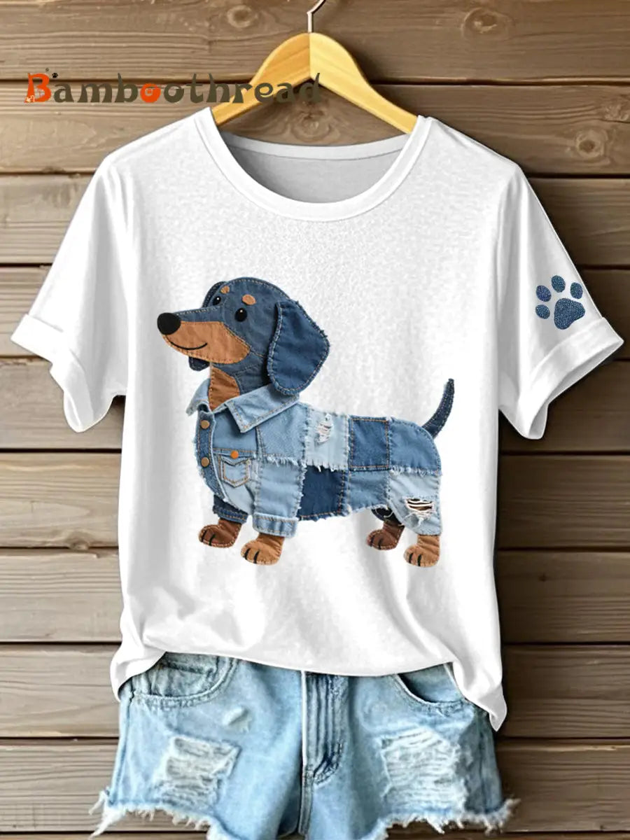 Women’s Denim Patchwork Art Dachshund Pattern T-Shirt White / S