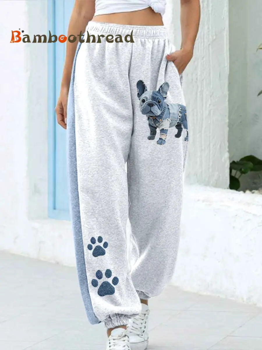Women’s Denim Patchwork Art French Bulldog Pattern Pants As picture / S