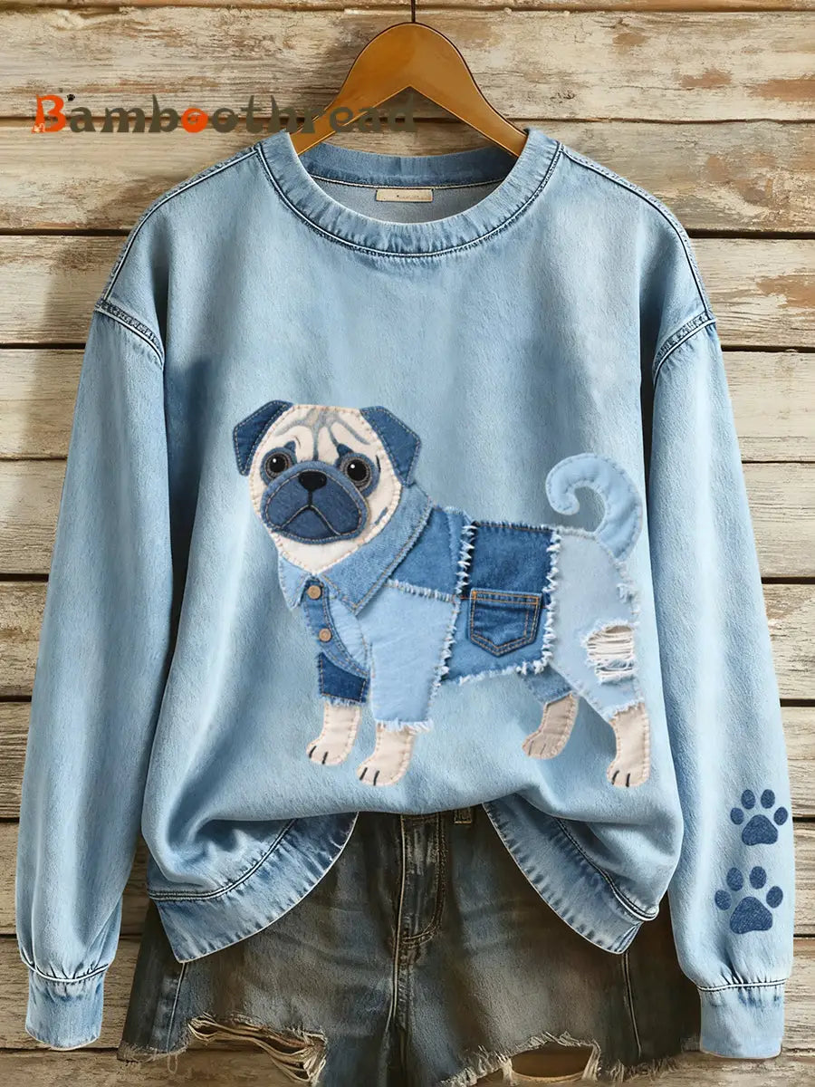 Women’s Denim Patchwork Art Pug Dog Pattern Sweatshirt Blue / S
