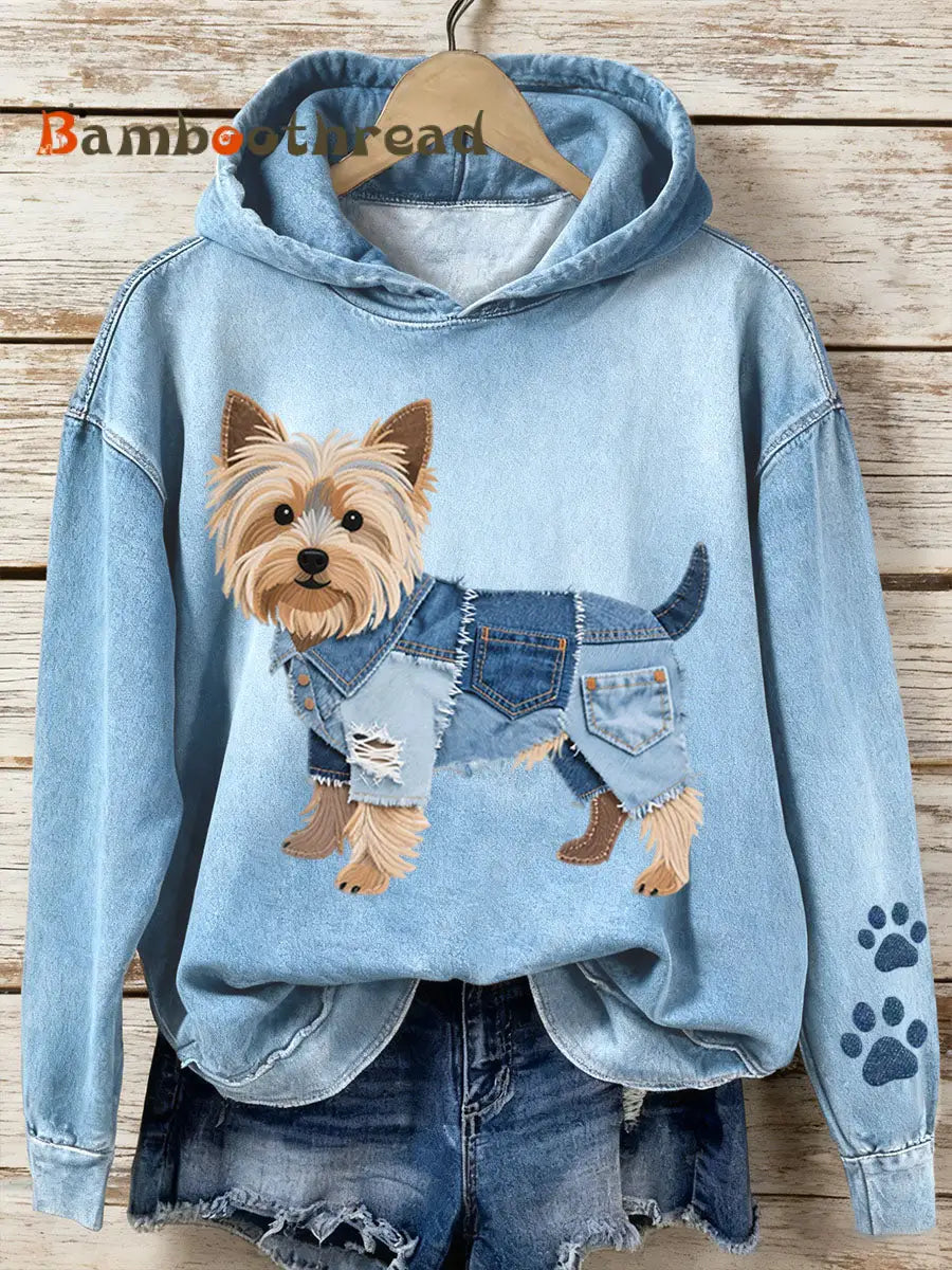 Women’s Denim Patchwork Art Yorkshire Terrier Dog Pattern Hoodie Blue / S