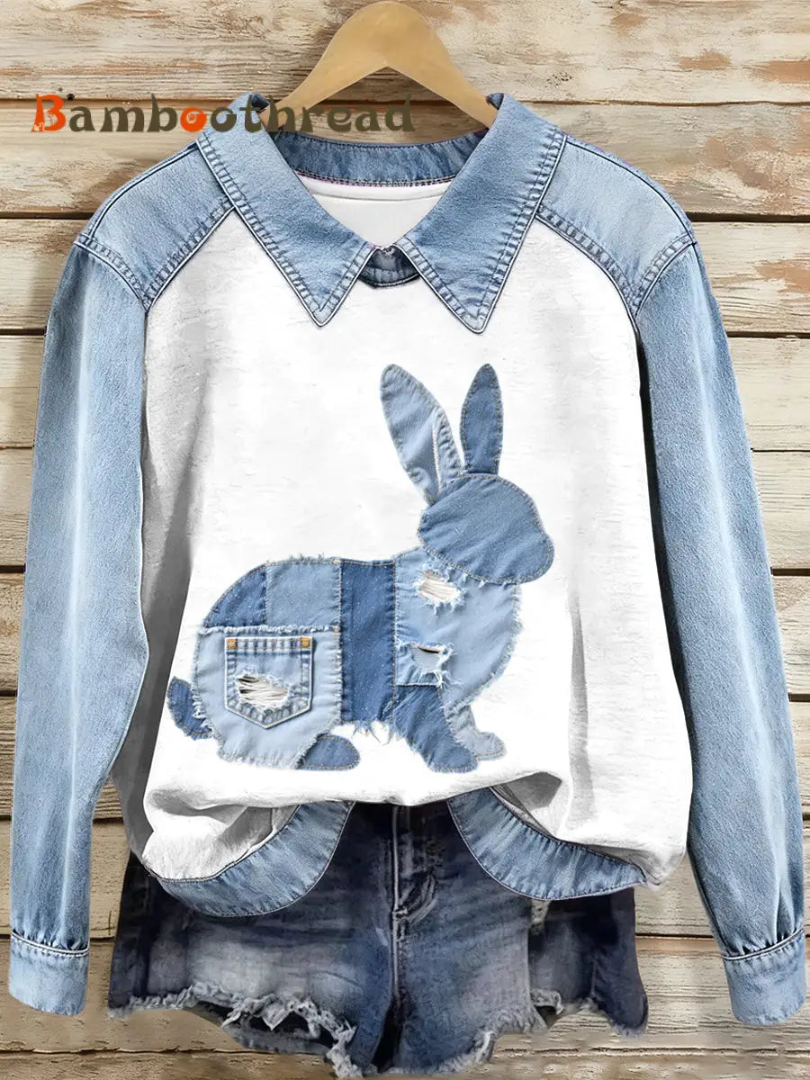 Women’s Denim Patchwork Bunny Pattern Sweatshirt As picture / S