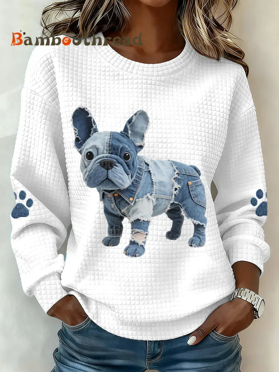 Women’s Denim Patchwork French Bulldog Pattern Waffle Sweatshirt White / S