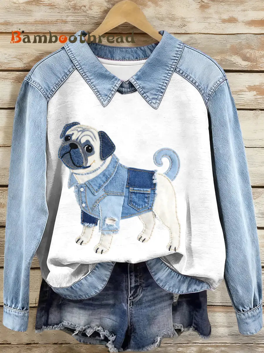 Women’s Denim Patchwork Pug Dog Pattern Sweatshirt As picture / S