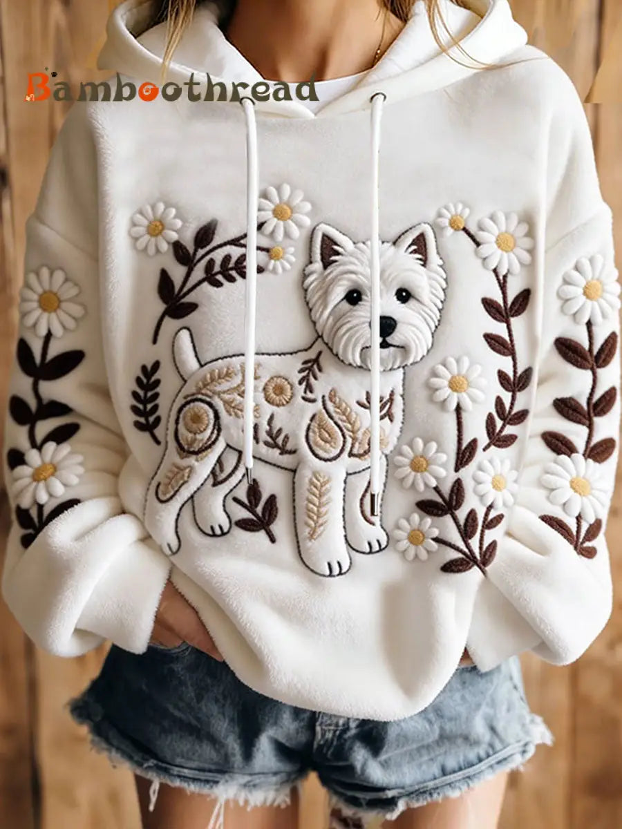 Women’s Dog Art Print Casual Hoodie White / S