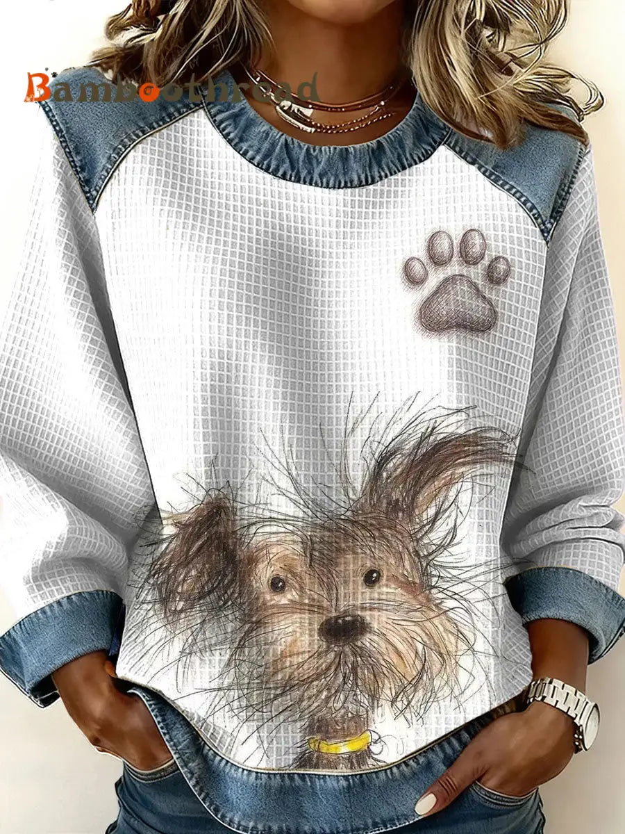 Women’s Dog Art Print Casual Top White / S