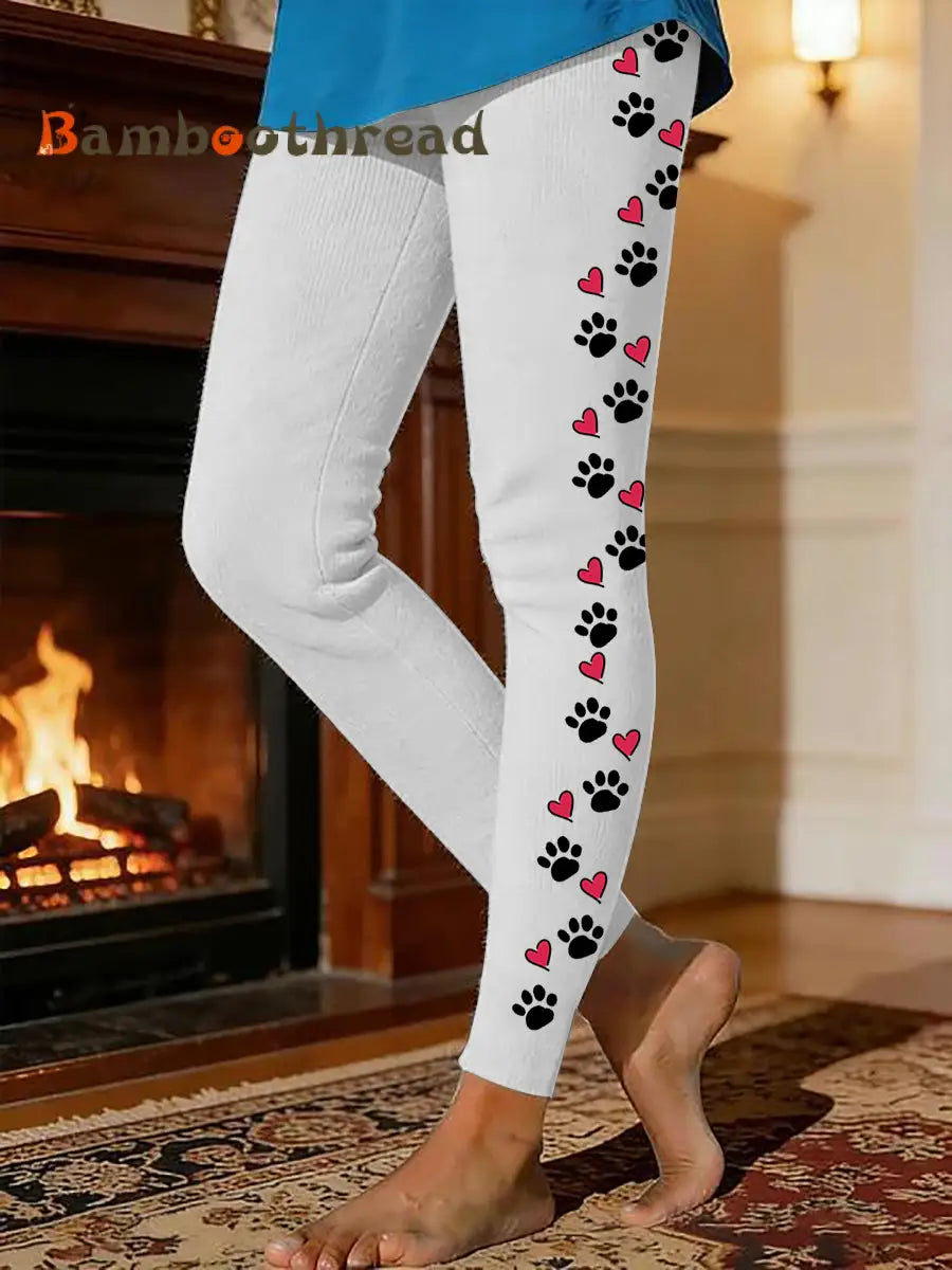 Women’s Dog Paw Warm Fleece-Lined Leggings White / S