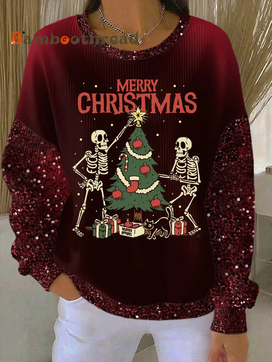 Women’s FDT Christmas Ribbed Round-Neck Sweatshirt Deep Red / S