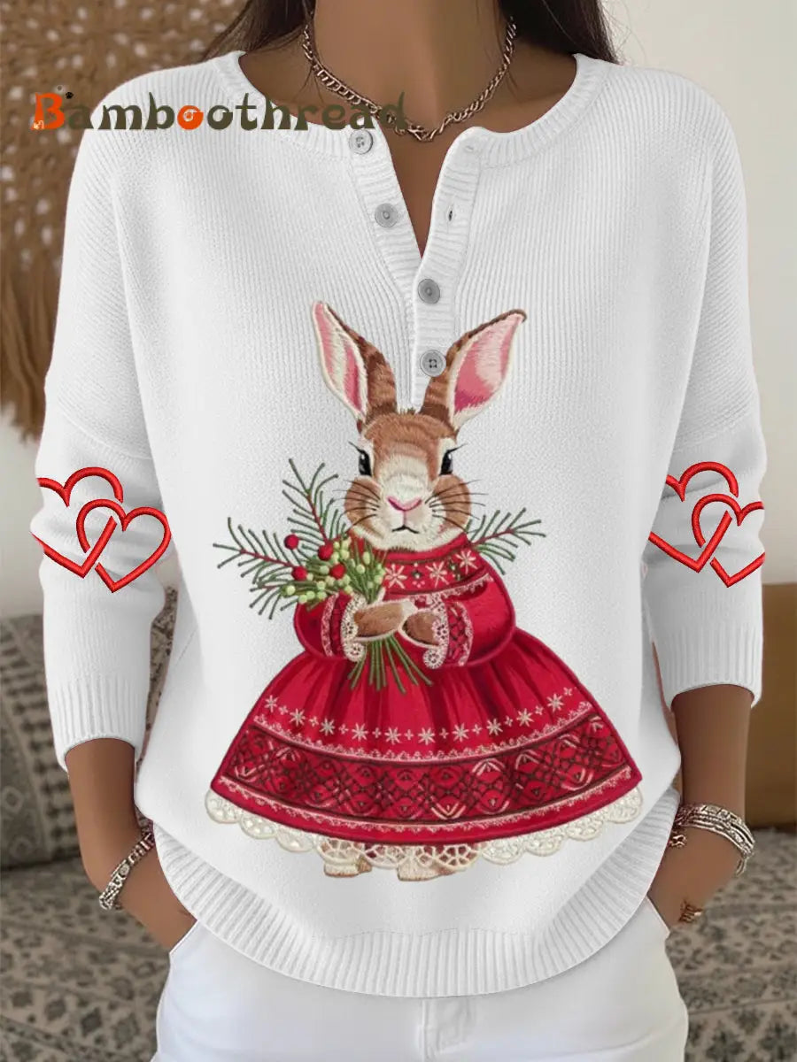 Women’s Festive Red Dress Bunny & Wreath Print White Button-Neck Sweater Multicolour / S