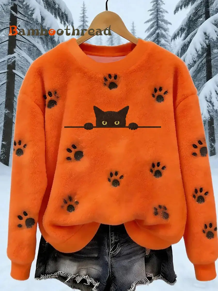 Women’s Flannel Cat Paws Print Sweatshirt Orange / S