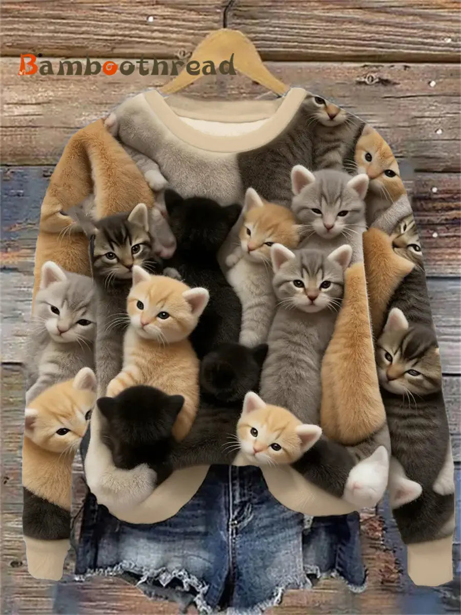 Women’s Flannel Cute Cats Print Sweatshirt As picture / S