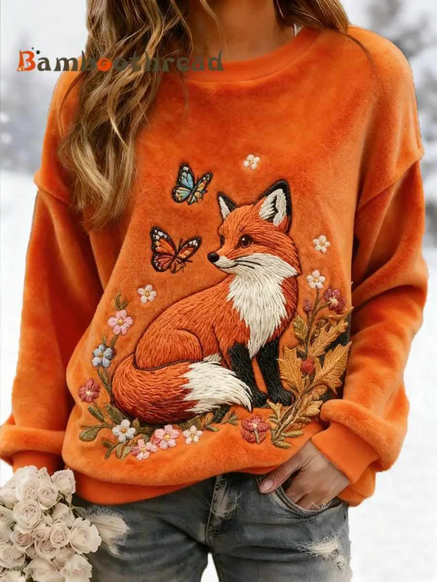 Women’s Fox Print Casual Flannel Hoodie Orange / S