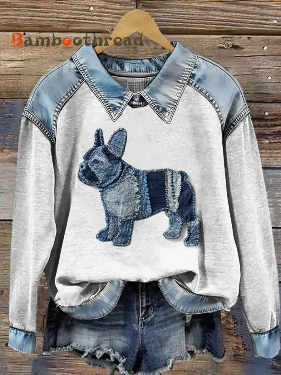 Women’s French Bulldog Printed Denim Patchwork Lapel Long Sleeved Sweatshirt Gray / S