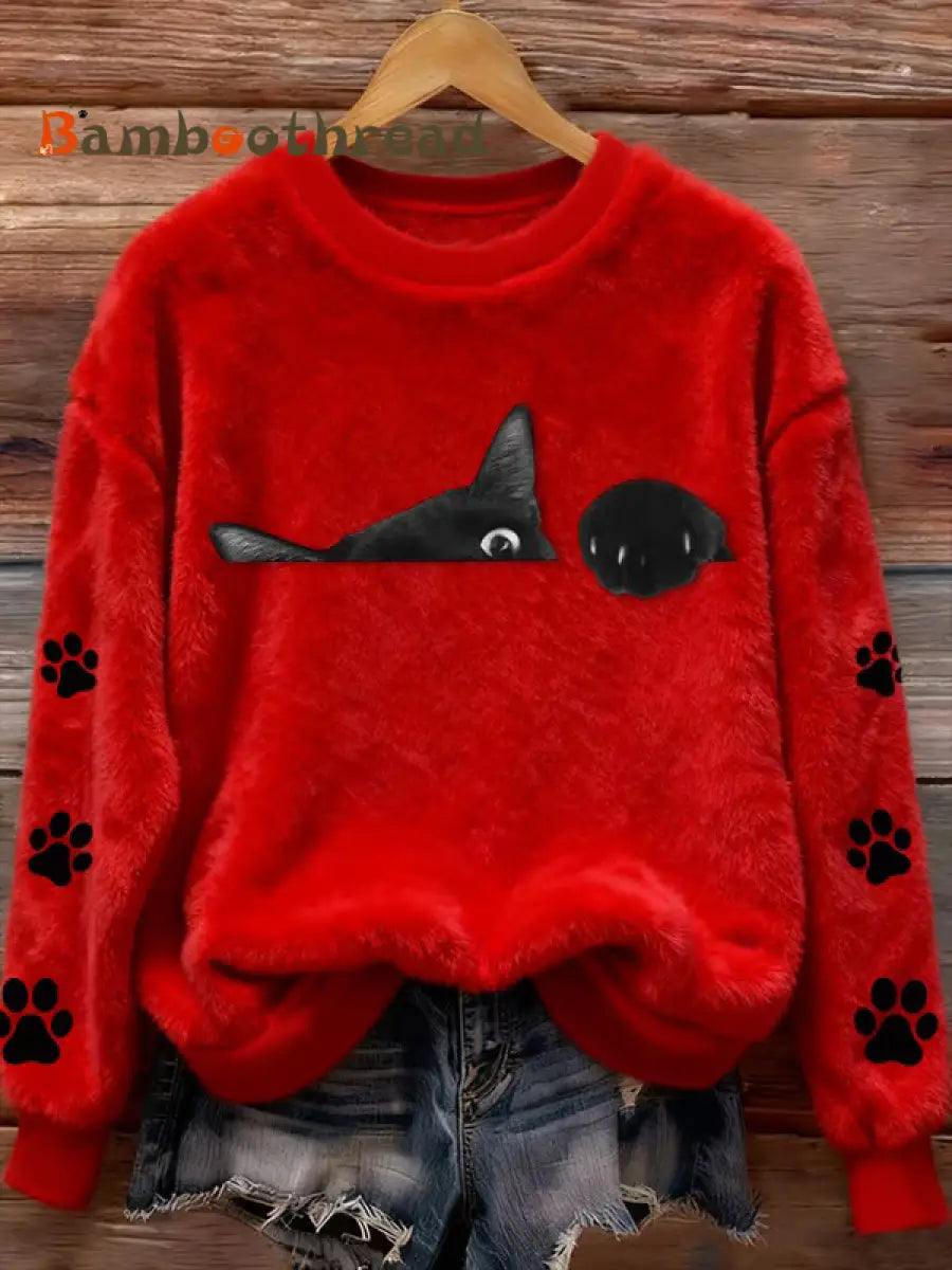 Women’s Fun Animal Cat Printed Flannel Sweatshirt Red / S