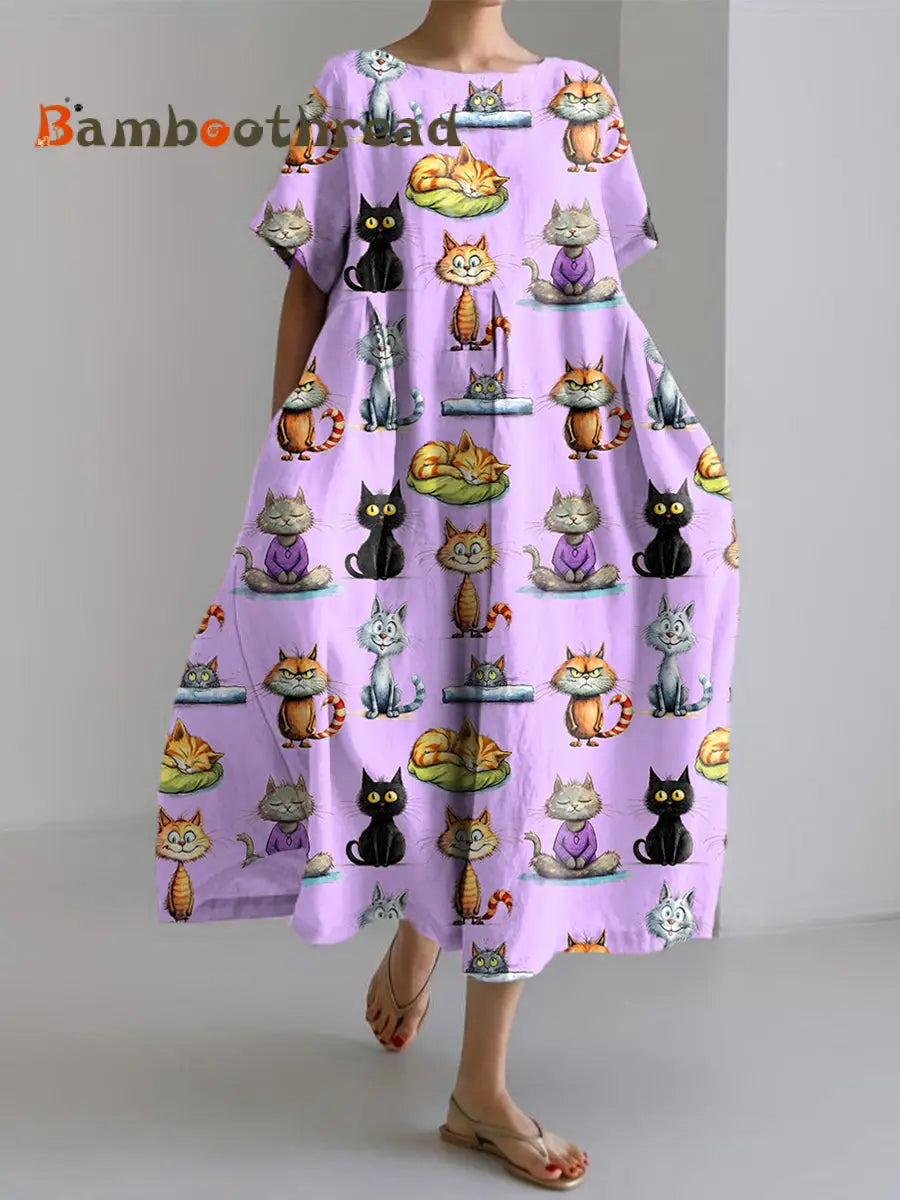 Women’s Funny Cat Print Linen Dress Purple / S