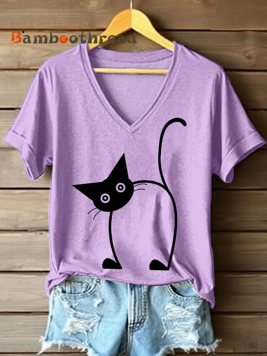 Women’s Funny Cat Print V-Neck T-Shirt Purple / S