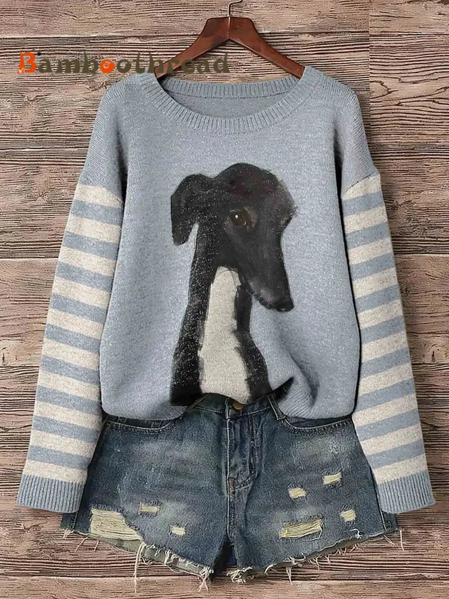 Women’s Greyhound Dog Art Print Crew Neck sweater Gray-Blue / S