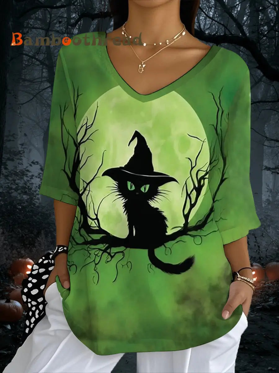 Women’s Halloween Black Cat Print Half-Sleeve T-Shirt Green / S