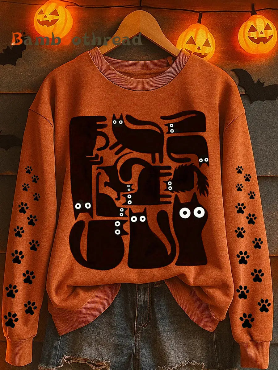 Women’s Halloween Cat Print Sweatshirt As picture / S