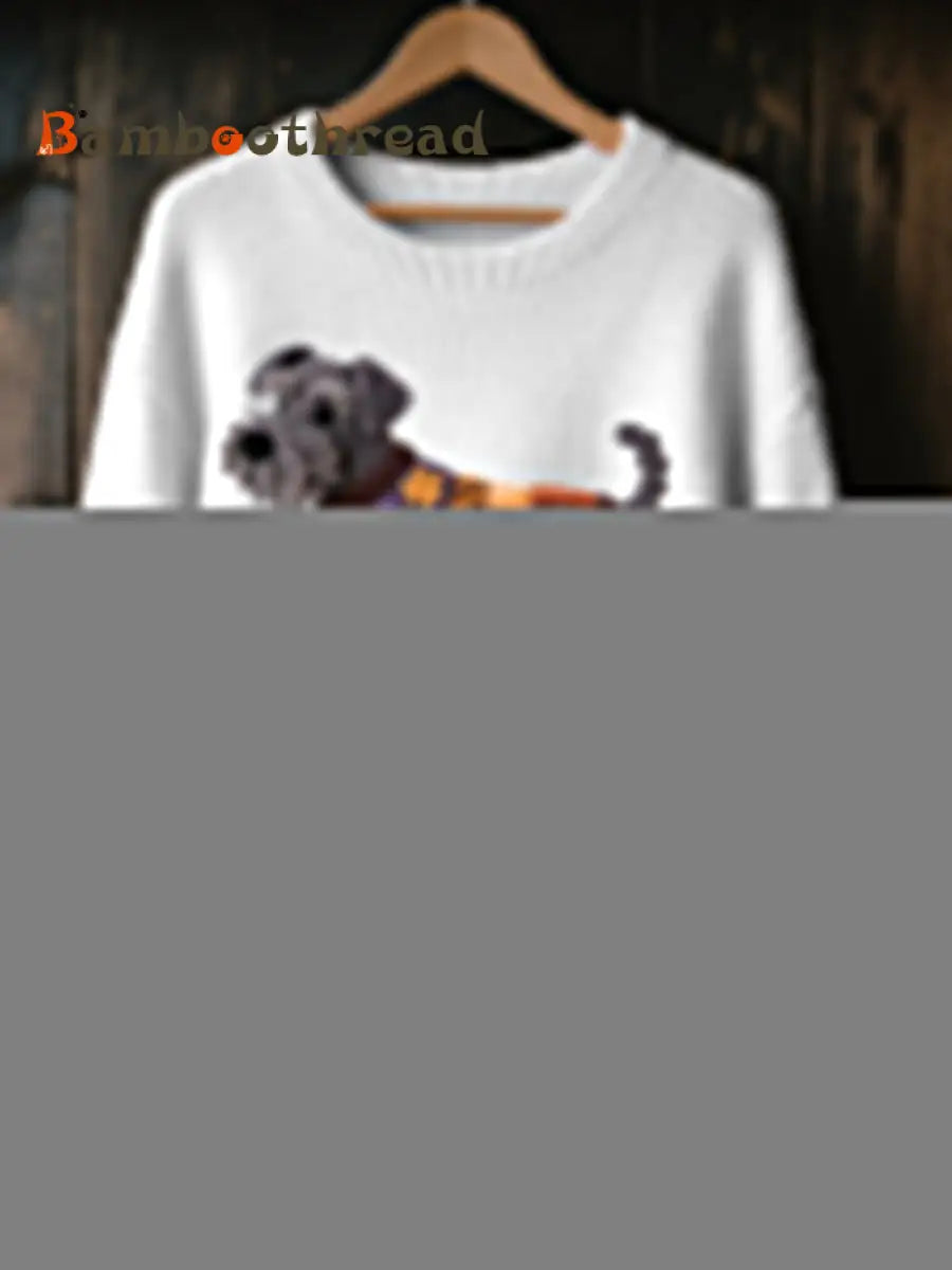 Women’s Halloween Inspired Schnauzer Dog Felt Art Cozy Knit Sweater White / S