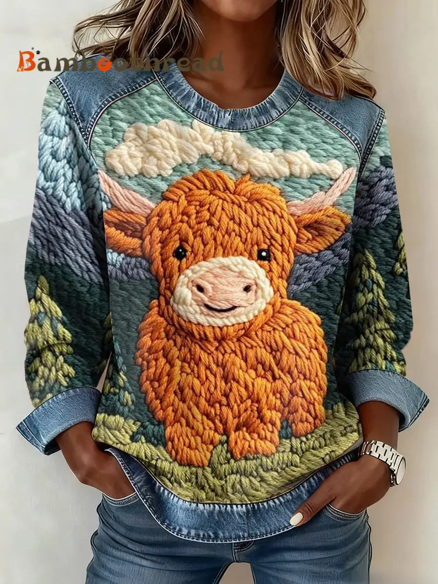 Women’s Highland Cow Denim Patchwork Top As picture / S