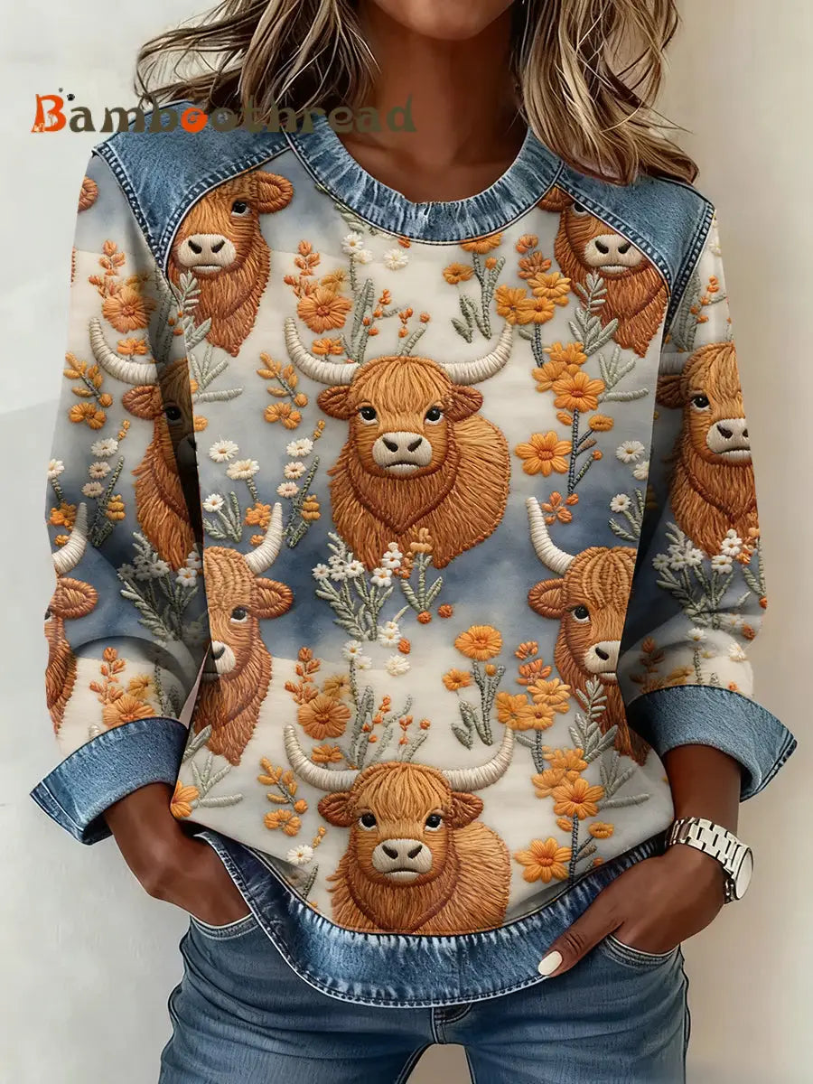 Women’s Highland Cow Denim Patchwork Top As picture / S