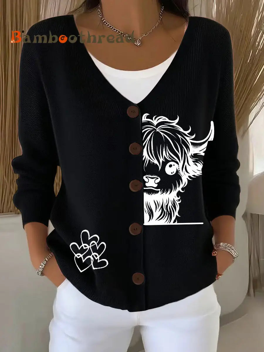 Women’s Highland Cow Print Casual Cardigan Black / S
