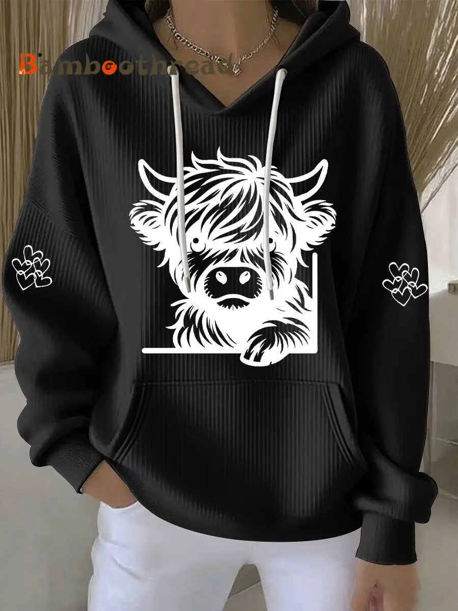 Women’s Highland Cow Print Casual Hoodie Black / S