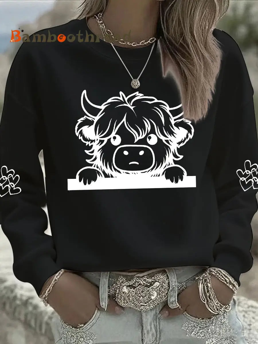 Women’s Highland Cow Print Casual Sweatshirt Black / S