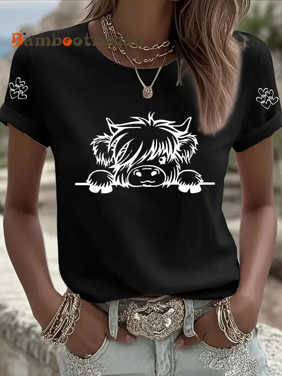 Women’s Highland Cow Print Casual T-shirt Black / S
