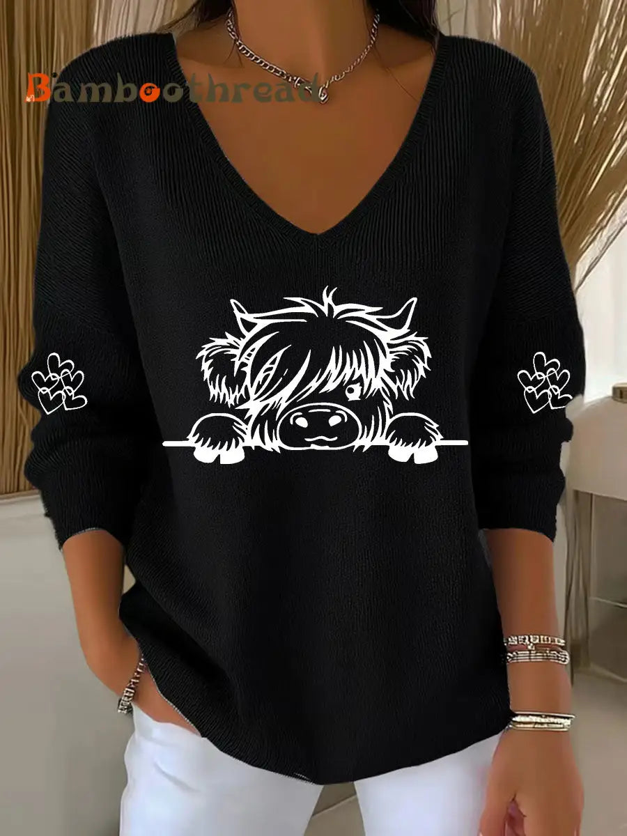 Women’s Highland Cow Print Casual Top Black / S