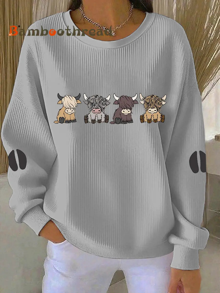 Women’s Highland Cow Printed Sweatshirt Gray / S