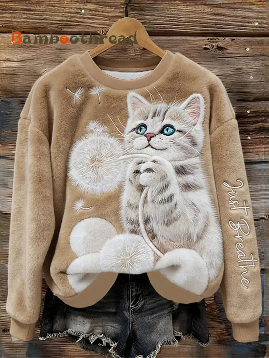 Women’s Just Breathe Fuzzy Cat & Dandelion Cozy Flannel Hoodie As picture / S
