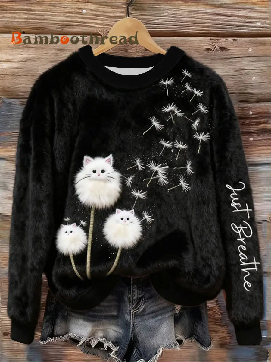 Women’s Just Breathe Fuzzy Cat & Dandelion Cozy Flannel Hoodie Black / S