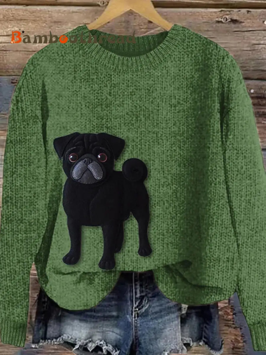 Women’s Lively Pug Dog Felt Art Cozy Knit Sweater Green / S