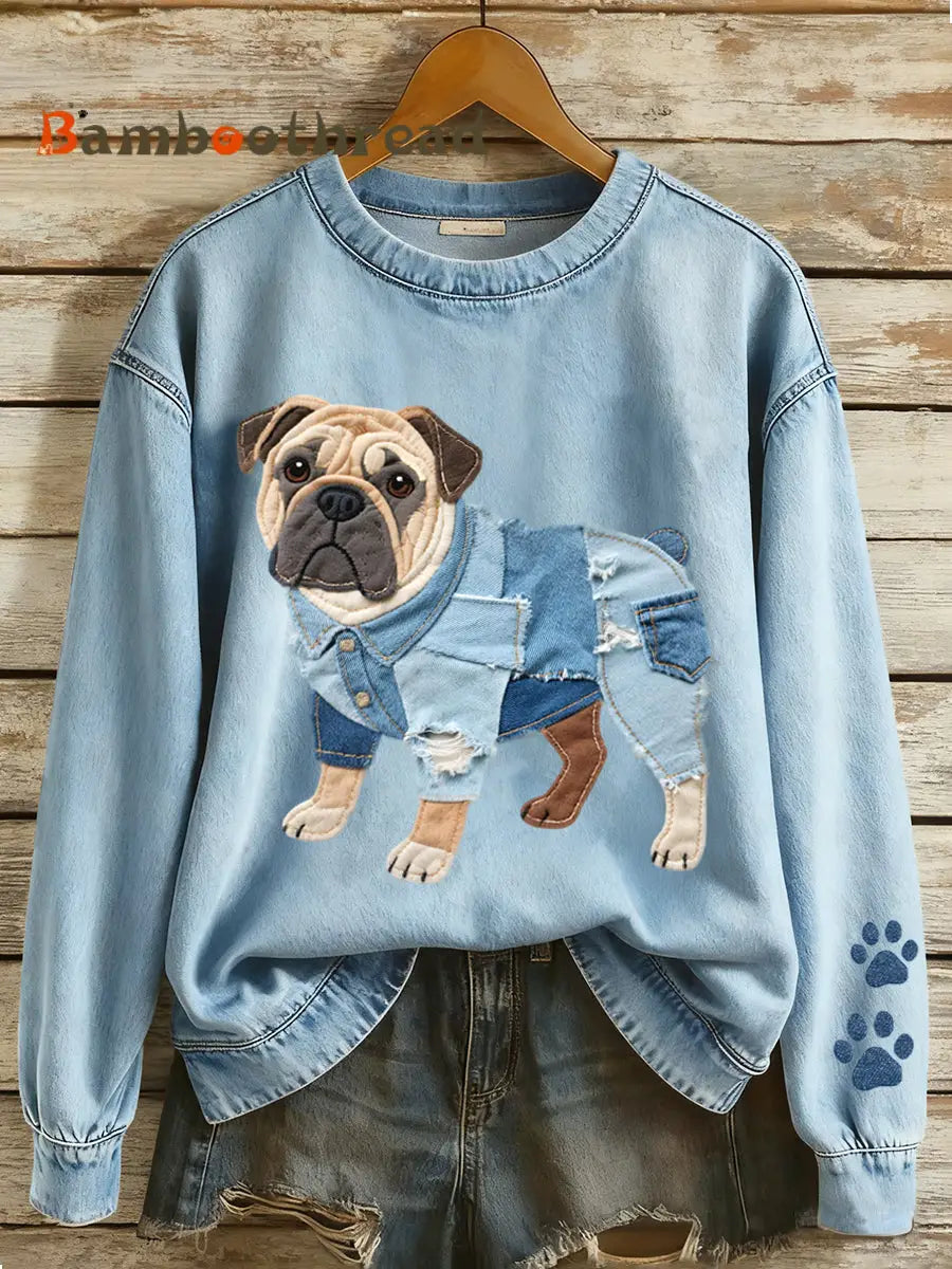 Women’s Lovely Bulldog Patchwork Pattern Sweatshirt Blue / S
