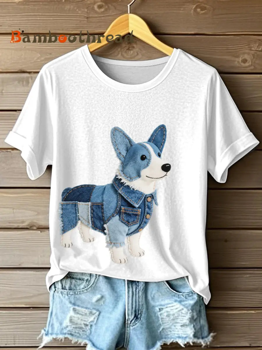 Women’s Lovely Corgi Dog Denim Patchwork Pattern T-Shirt White / S