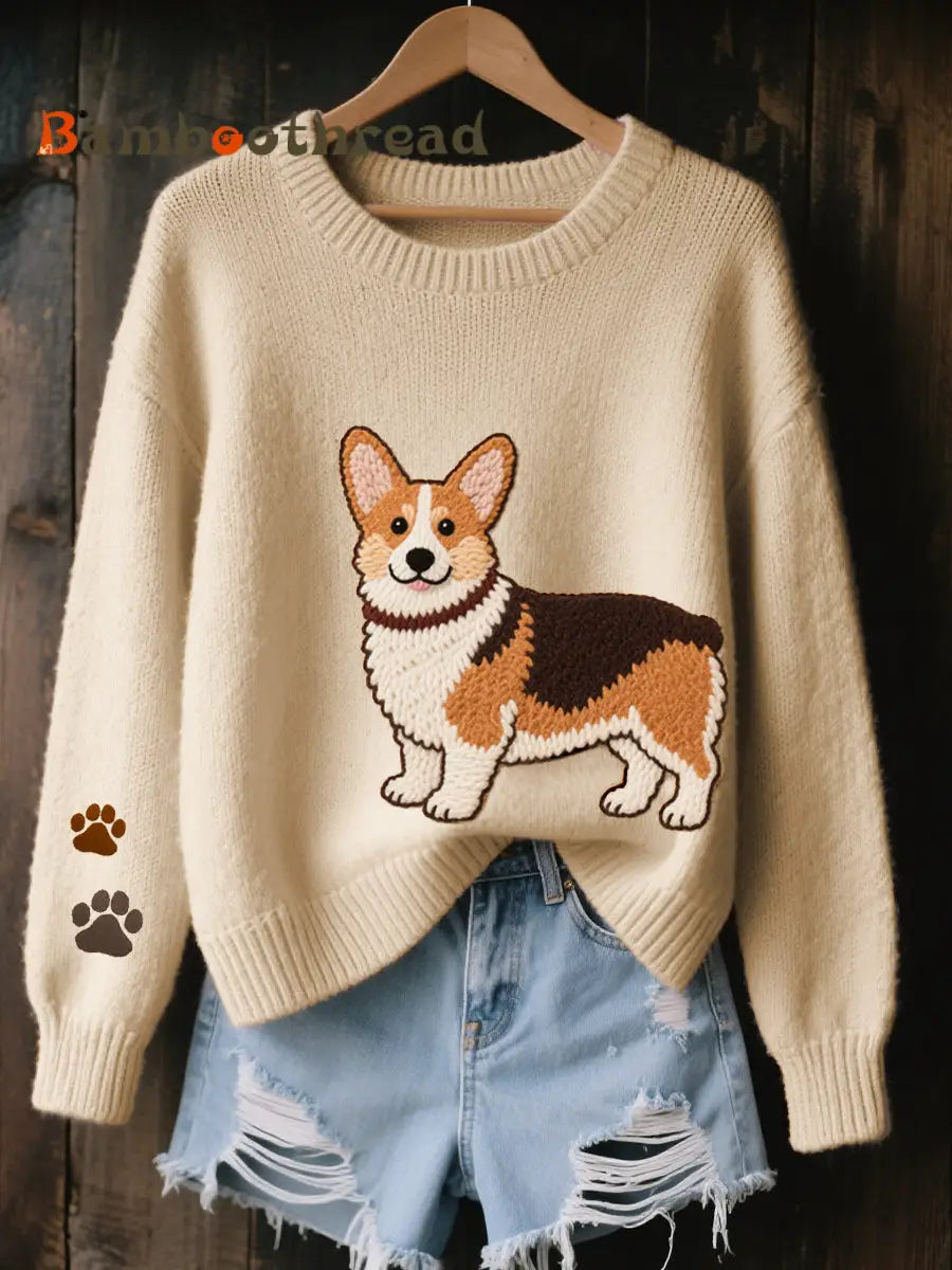 Women’s Lovely Corgi Dog Felt Art Cozy Knit Sweater Apricot / S
