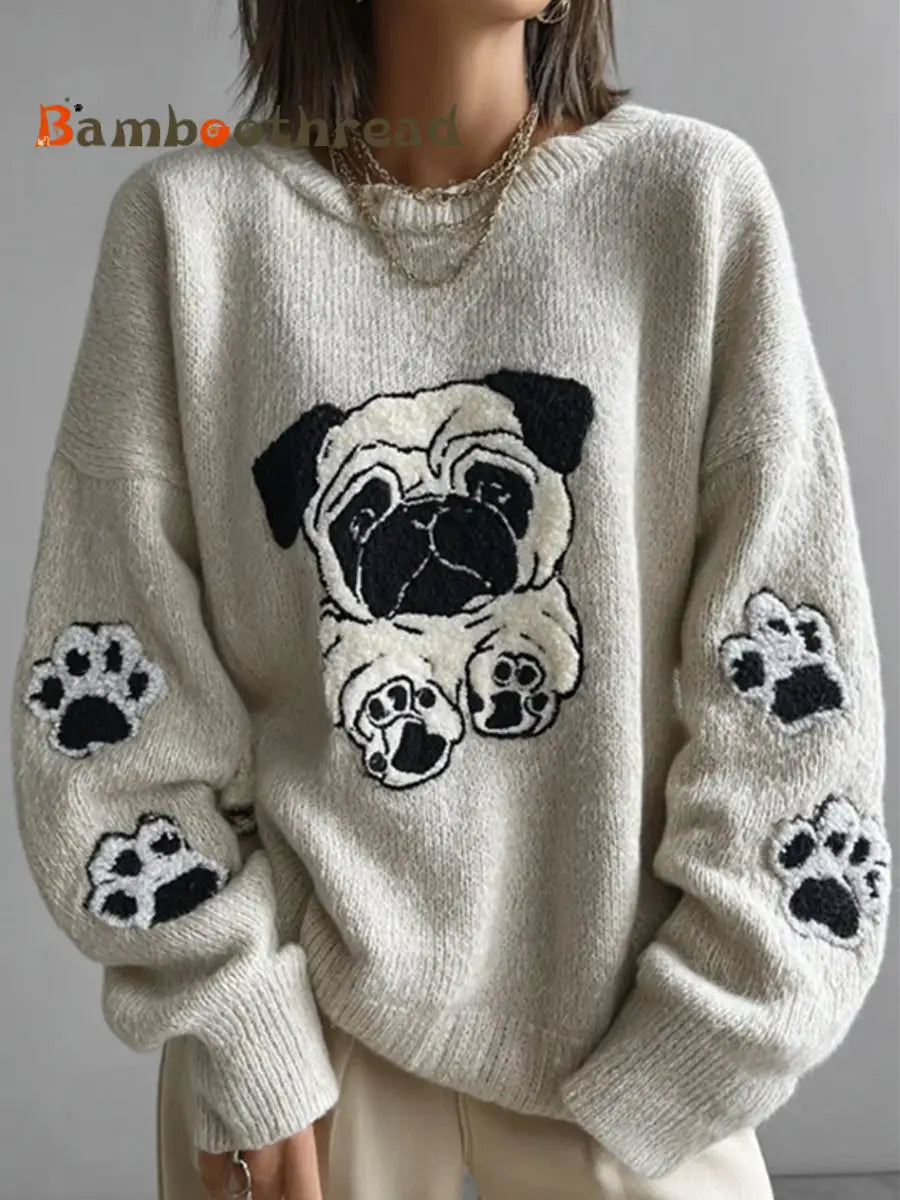 Women’s Lovely Cute Pug And Paws Embroidery Art Loose Cozy Knit Sweater S