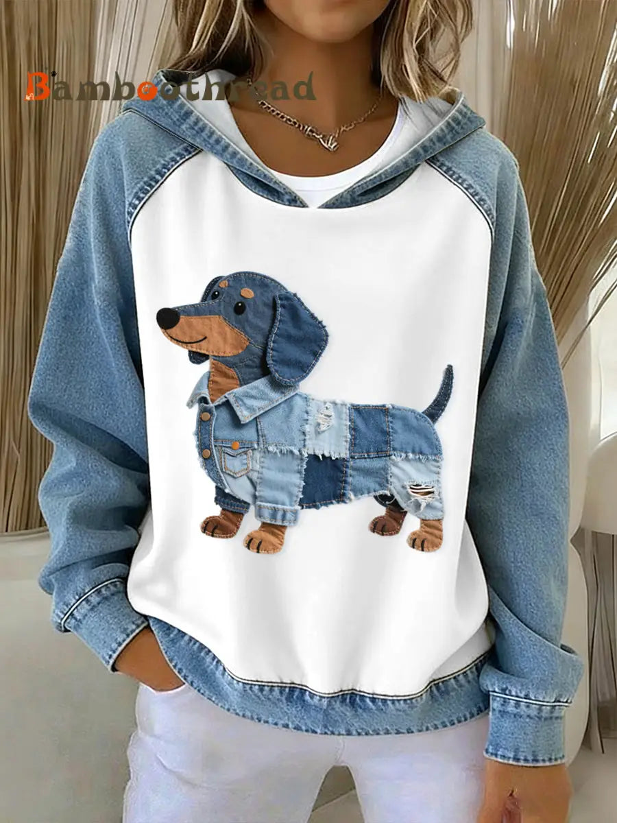 Women’s Lovely Dachshund Dog Pattern Denim Patchwork Hoodie As picture / S