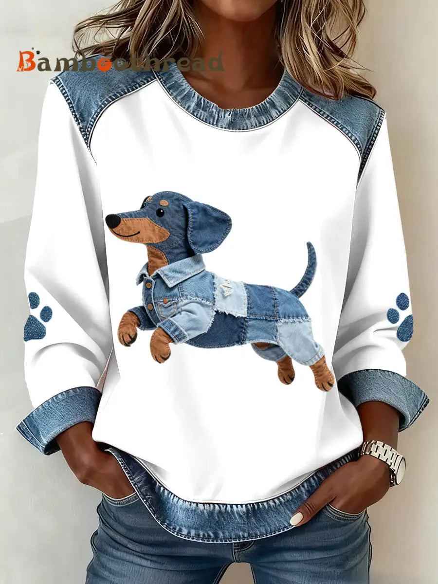 Women’s Lovely Dachshund Dog Pattern Denim Patchwork Sweatshirt As picture / S