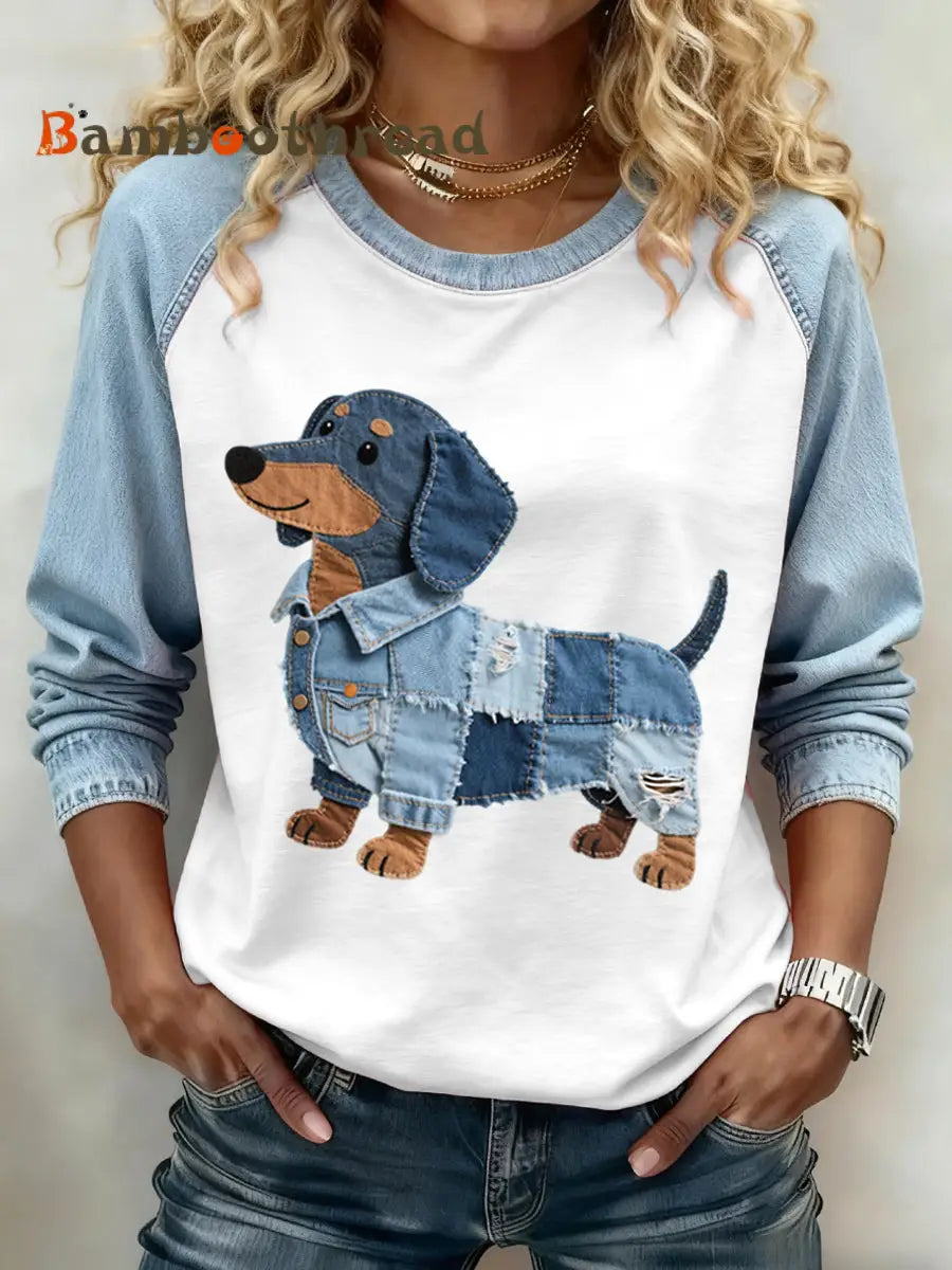 Women’s Lovely Dachshund Dog Pattern Denim Patchwork Sweatshirt Light Blue / S