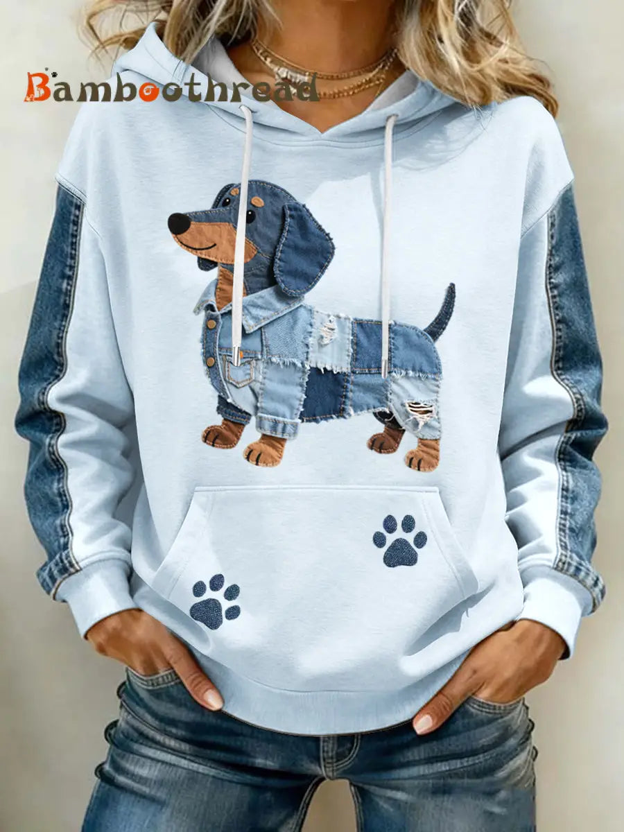 Women’s Lovely Dachshund Pattern Denim Patchwork Art Hoodie Light Blue / S