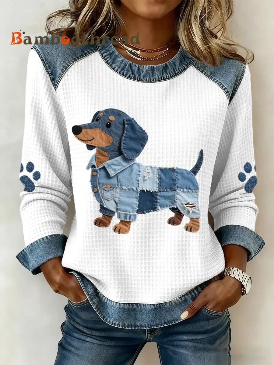 Women’s Lovely Dachshund Pattern Denim Patchwork Art Sweatshirt White / S